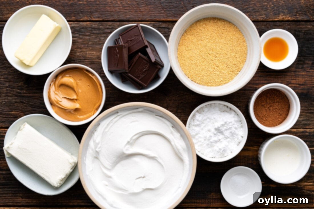 Rich Chocolate Peanut Butter Bliss 4 Various ingredients neatly laid out on a table, including graham crackers, chocolate, peanut butter, and cream cheese, ready for making Chocolate Peanut Butter Pie.