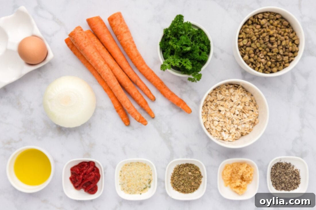 A flat lay photograph showcasing all the fresh and pantry ingredients needed for making lentil meatballs, arranged neatly on a surface.