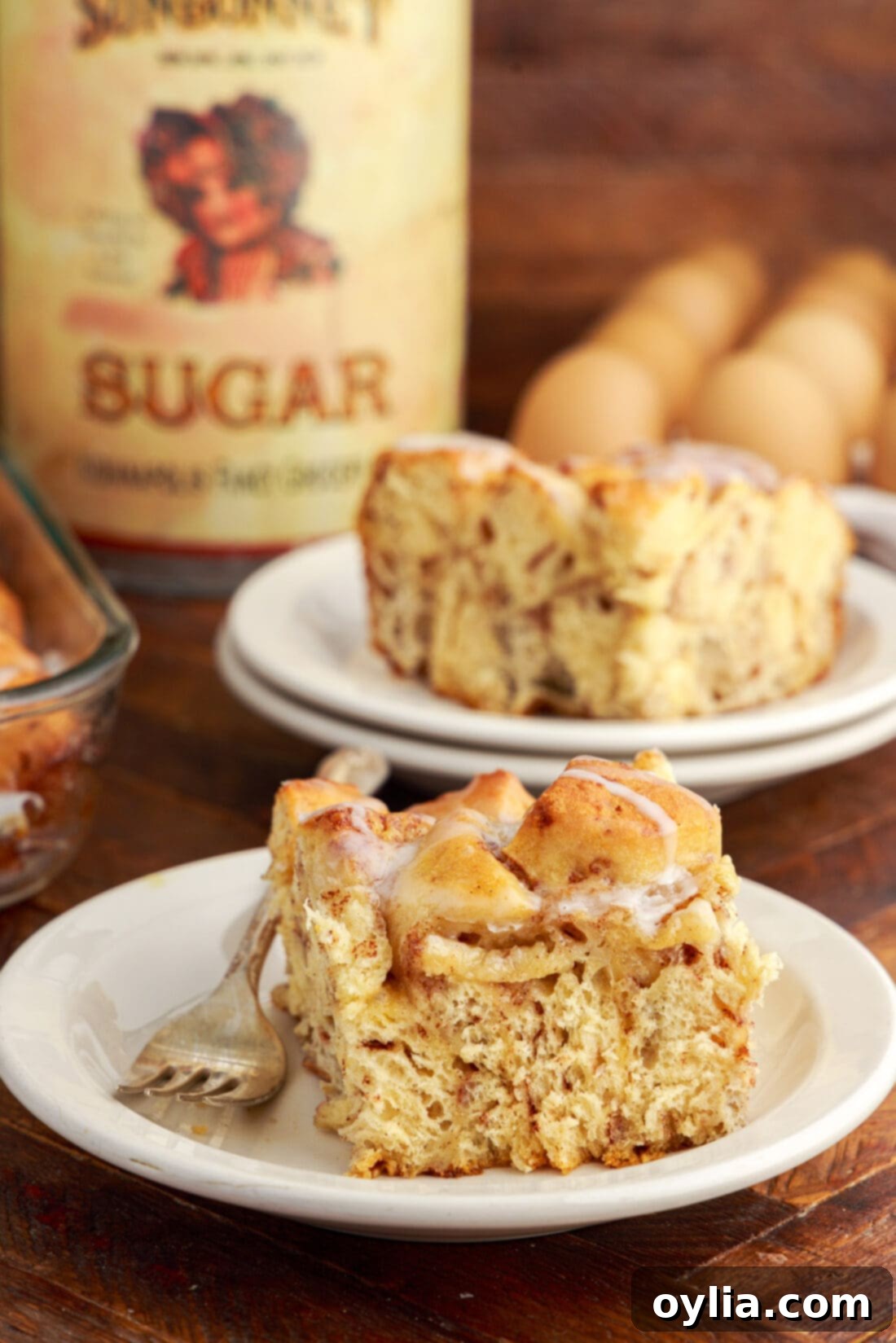 Serving of Cinnamon Roll Casserole on a plate