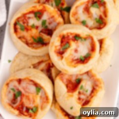 Cheesy Pizza Pinwheels 14 Overhead photo of savory Pizza Pinwheels arranged on a round platter, ready for serving.