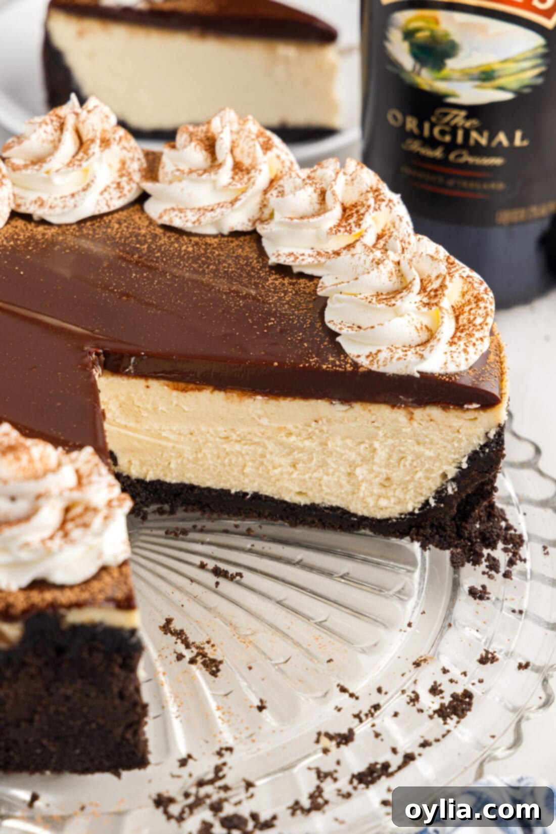 Side of a Baileys Cheesecake with two slices removed, revealing the distinct layers of Oreo crust, Irish cream filling, and chocolate ganache.
