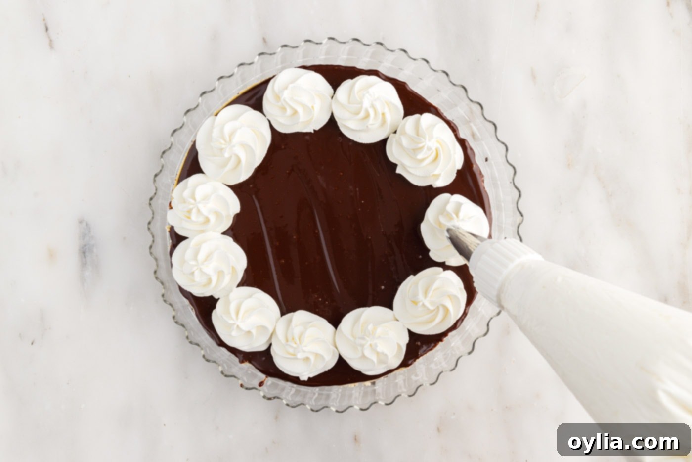 Piping elegant swirls of fresh whipped cream onto the top of a finished Baileys Irish Cream cheesecake.