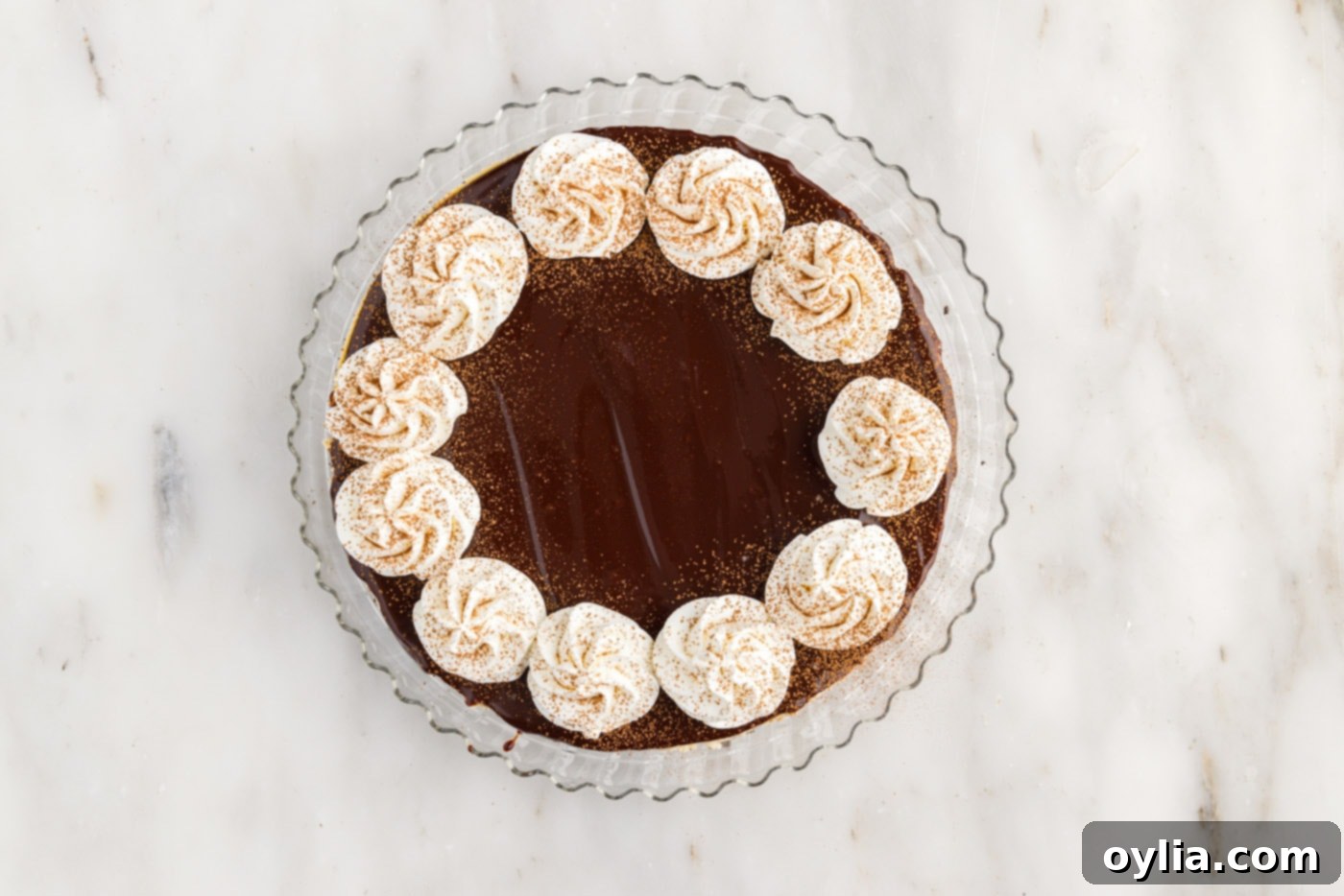 A stunning Baileys Irish Cream cheesecake with a rich chocolate ganache topping and elegant whipped cream swirls, dusted with cocoa powder.