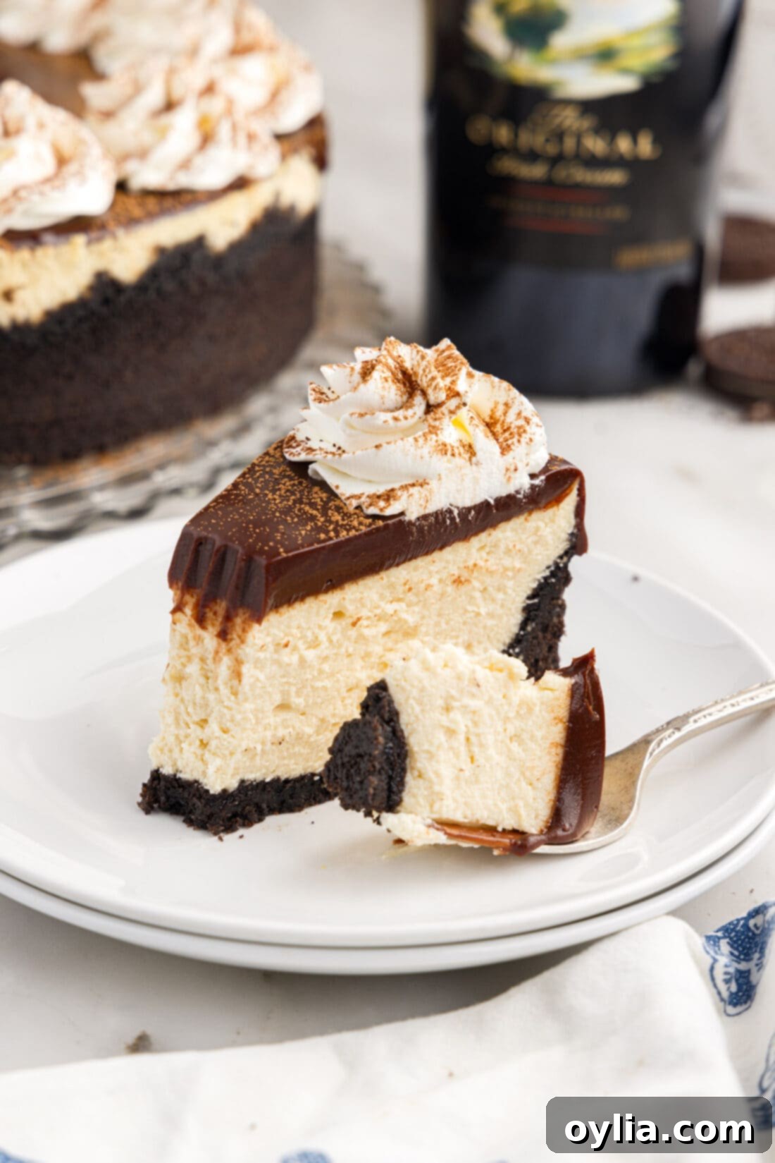 Close-up of a slice of Baileys Cheesecake on a white plate with a fork, showing a bite removed from the creamy filling.