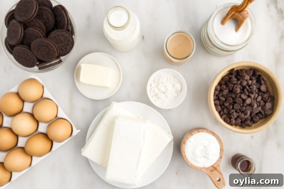 A selection of fresh ingredients laid out on a wooden surface, including cream cheese, Oreos, butter, Baileys Irish Cream, eggs, flour, and chocolate chips, prepared for making Baileys Cheesecake.