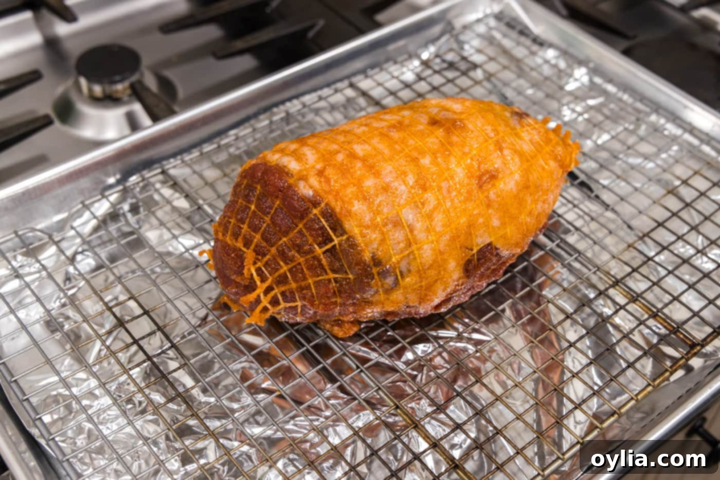 leg of lamb on a wire rack over a baking sheet