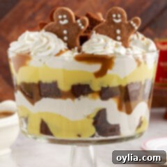 Overhead shot of a Gingerbread Trifle topped with festive gingerbread cookies and creamy whipped cream.