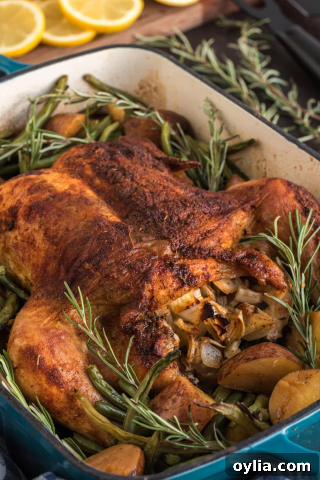 Close up photo of Slow Roasted Sticky Chicken in a pan, showcasing crispy skin and tender meat