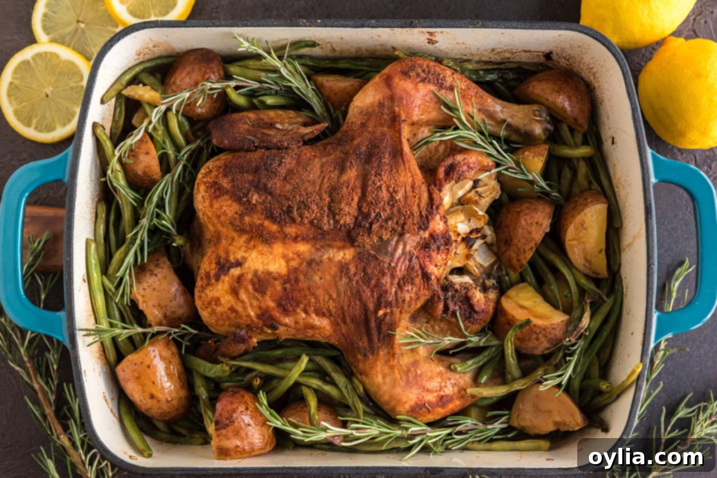 Slow roasted sticky chicken overhead in a pan with beautifully browned green beans and potatoes