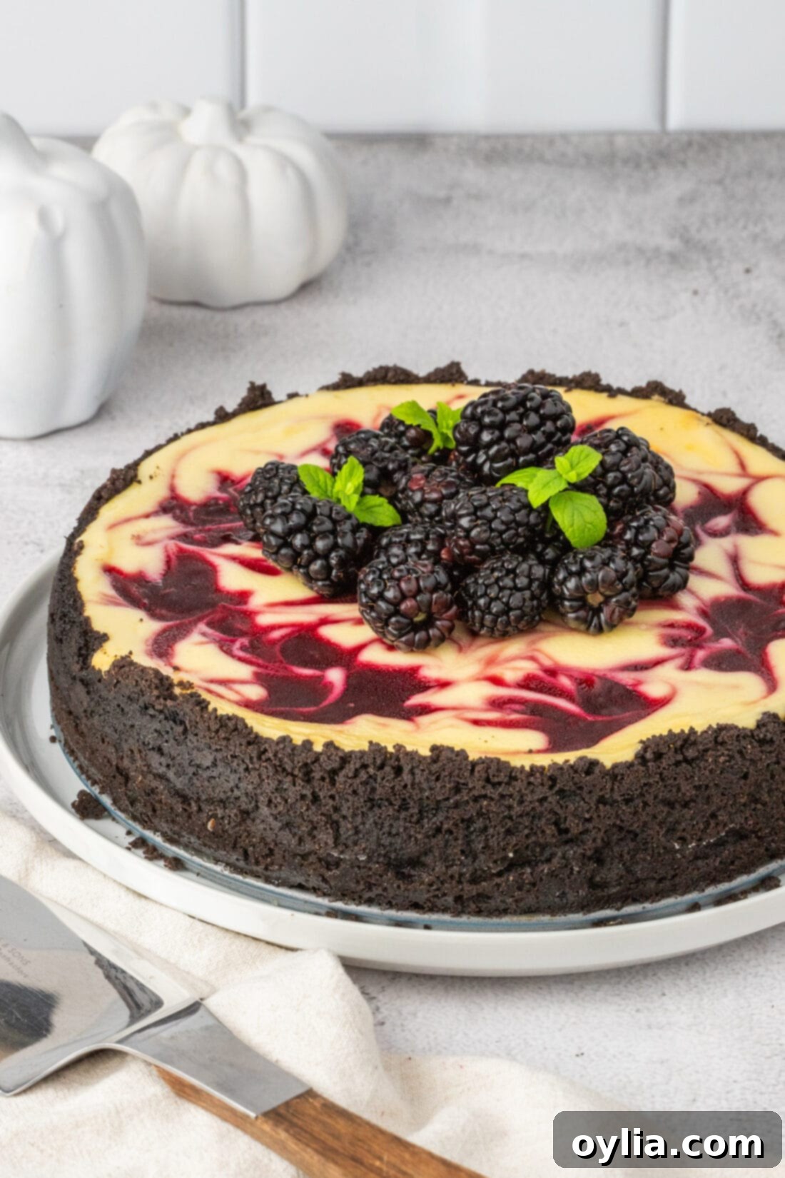 Luscious Blackberry Swirl Cheesecake 2 A stunning Blackberry Swirl Cheesecake presented on a plate, showcasing its marbled design.