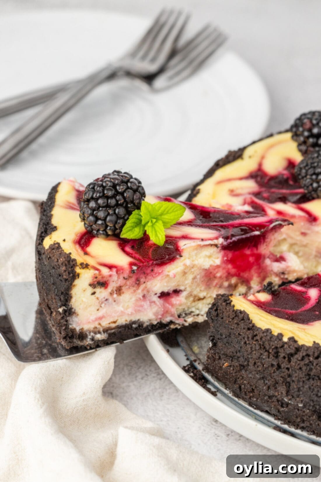 Luscious Blackberry Swirl Cheesecake 16 A slice of Blackberry Swirl Cheesecake being carefully lifted from the whole cake, ready to be served.