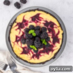 Luscious Blackberry Swirl Cheesecake 17 Overhead photo of a beautifully swirled Blackberry Swirl Cheesecake