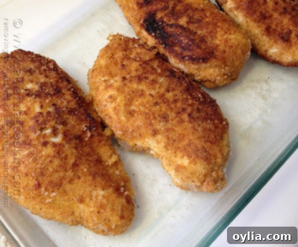 A close up photo of oven fried chicken breasts.