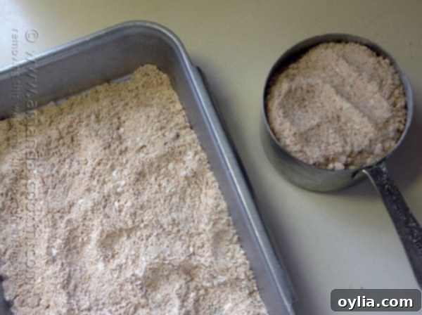 An overhead photo of breading mixture in a shallow pan.