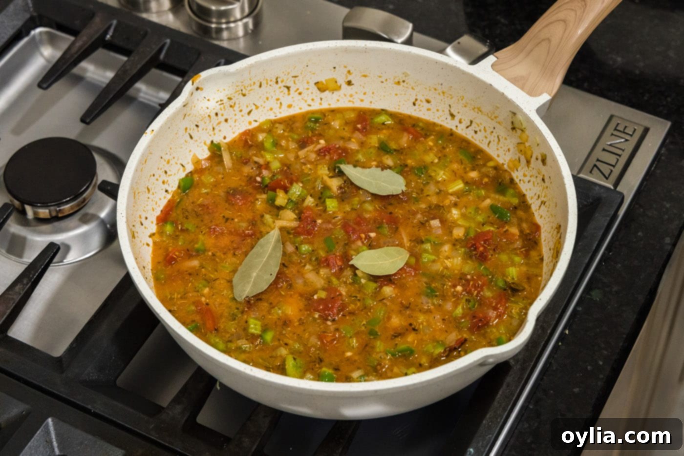 bay leaves in skillet with shrimp creole