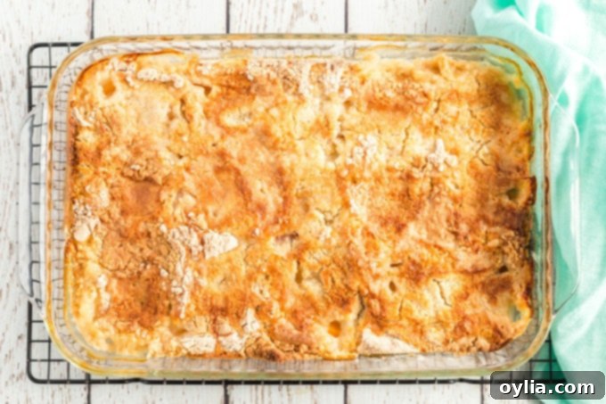 A golden-brown peach cobbler dump cake, fresh out of the oven, with bubbly edges and a tantalizing aroma, ready to be served.