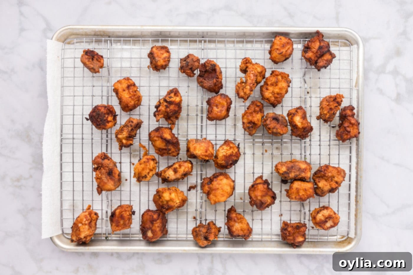 Crispy fried pork pieces resting on a wire cooling rack