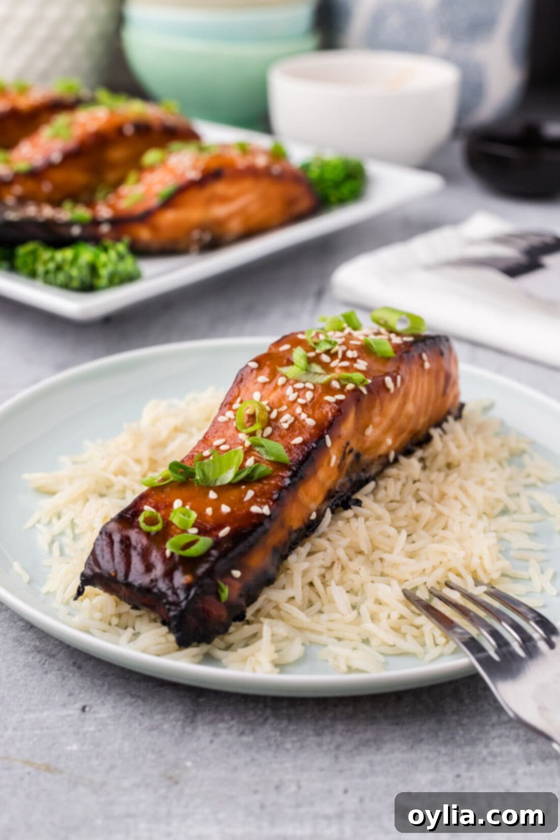 Miso Salmon served on a bed of rice, garnished with green onions and sesame seeds