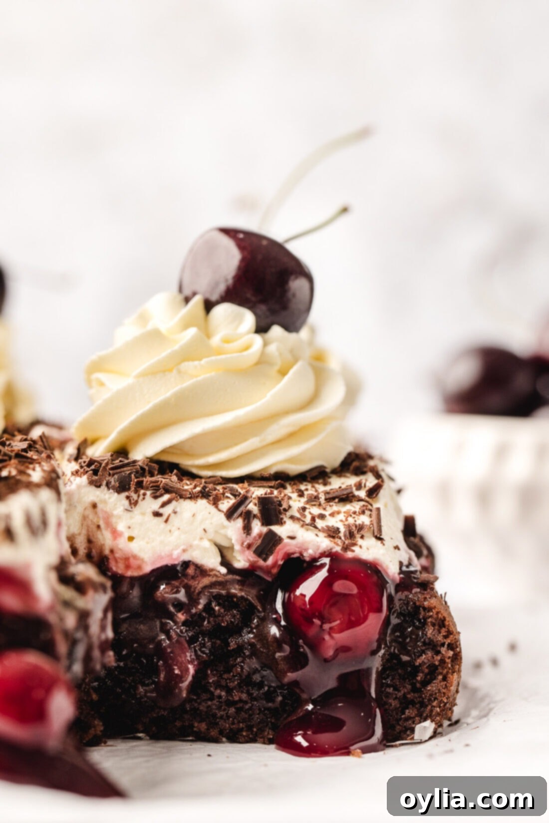 A beautifully presented slice of Black Forest Poke Cake on a plate, showcasing its layers of chocolate cake, cherry filling, fudge, and whipped cream, with a small bite taken out by a fork.