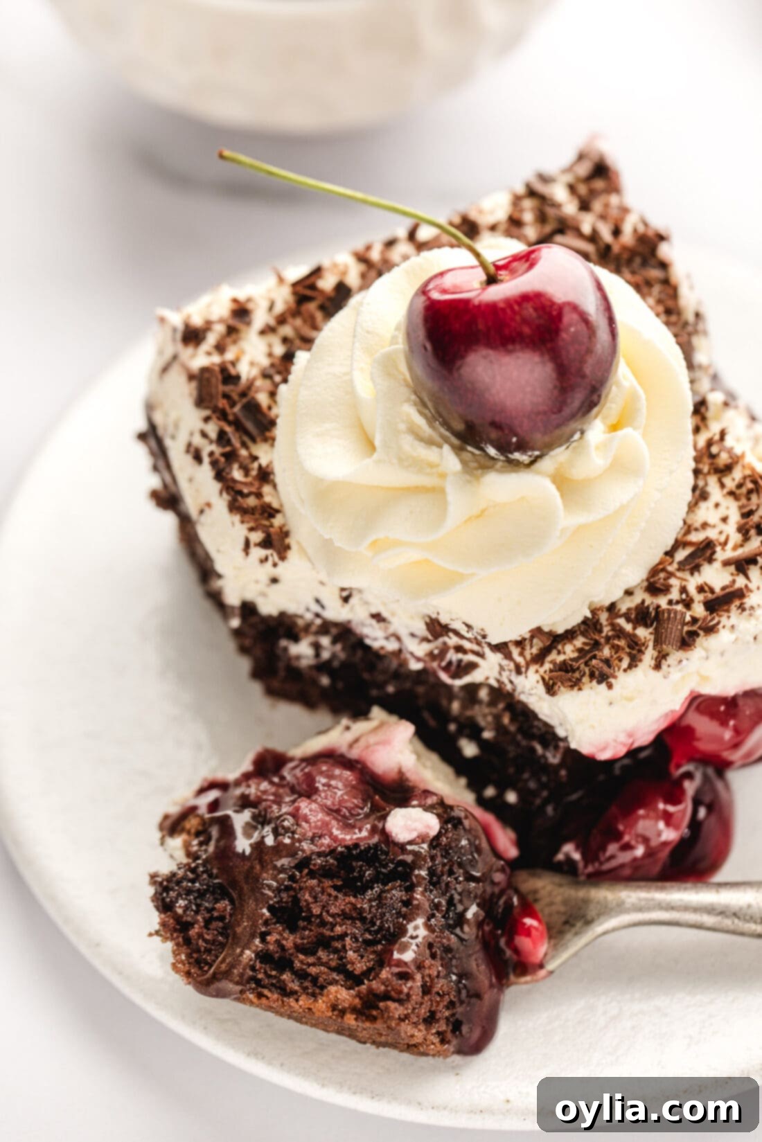 A close-up of a single slice of Black Forest Poke Cake, showcasing its rich, moist layers and a bite taken out with a fork, emphasizing its deliciousness.