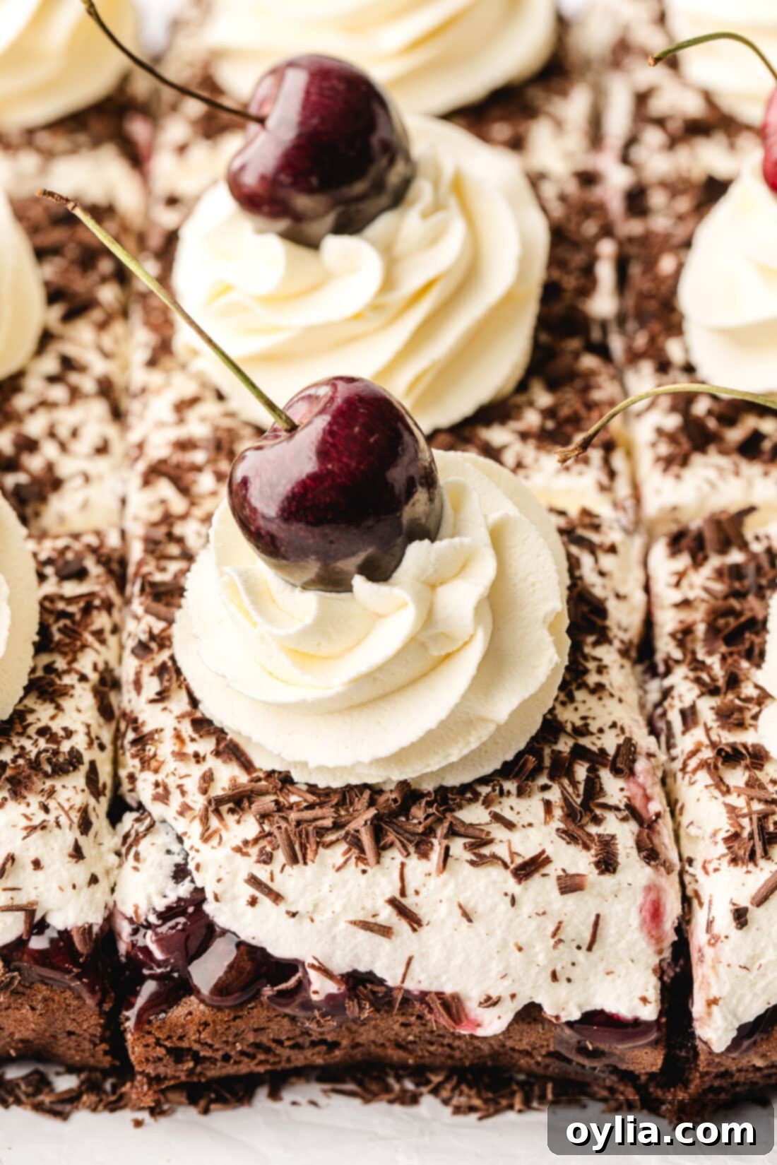 A baked Black Forest Poke Cake cut into perfect squares, ready to be served, showing the delightful layers.
