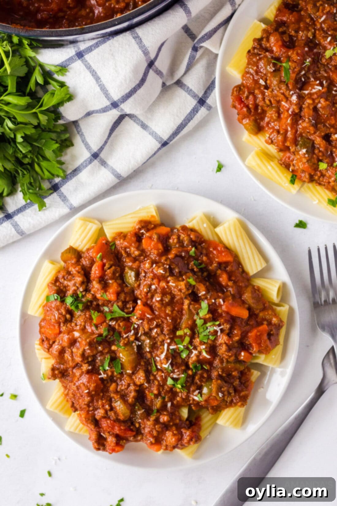 plate of pasta with rich bolognese sauce and fresh parsley