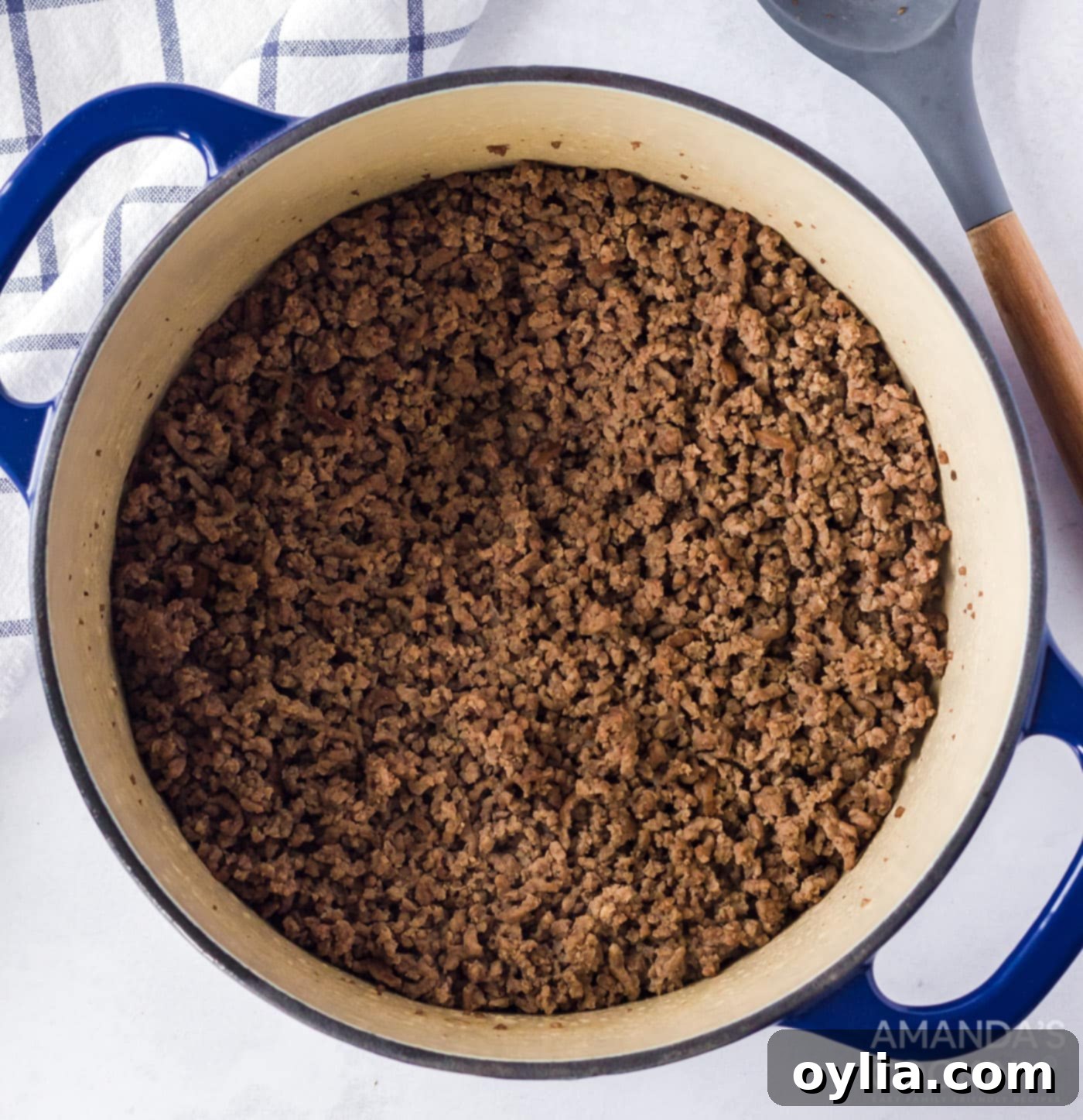 browned ground beef in a large pot