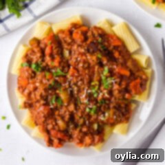 plate of bolognese sauce on pasta