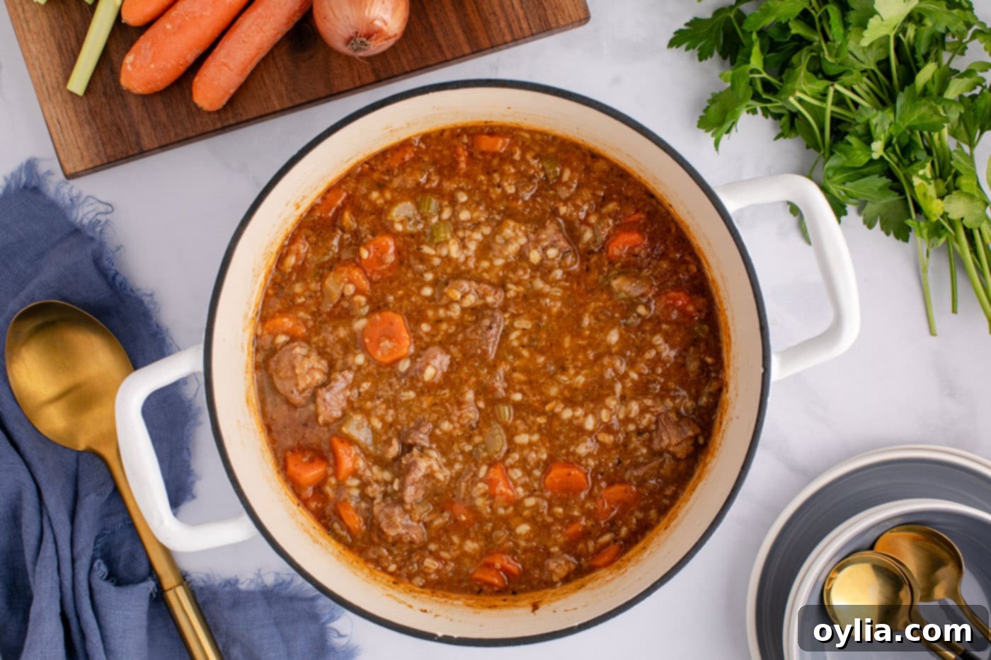 overhead of finished beef barley soup in pot