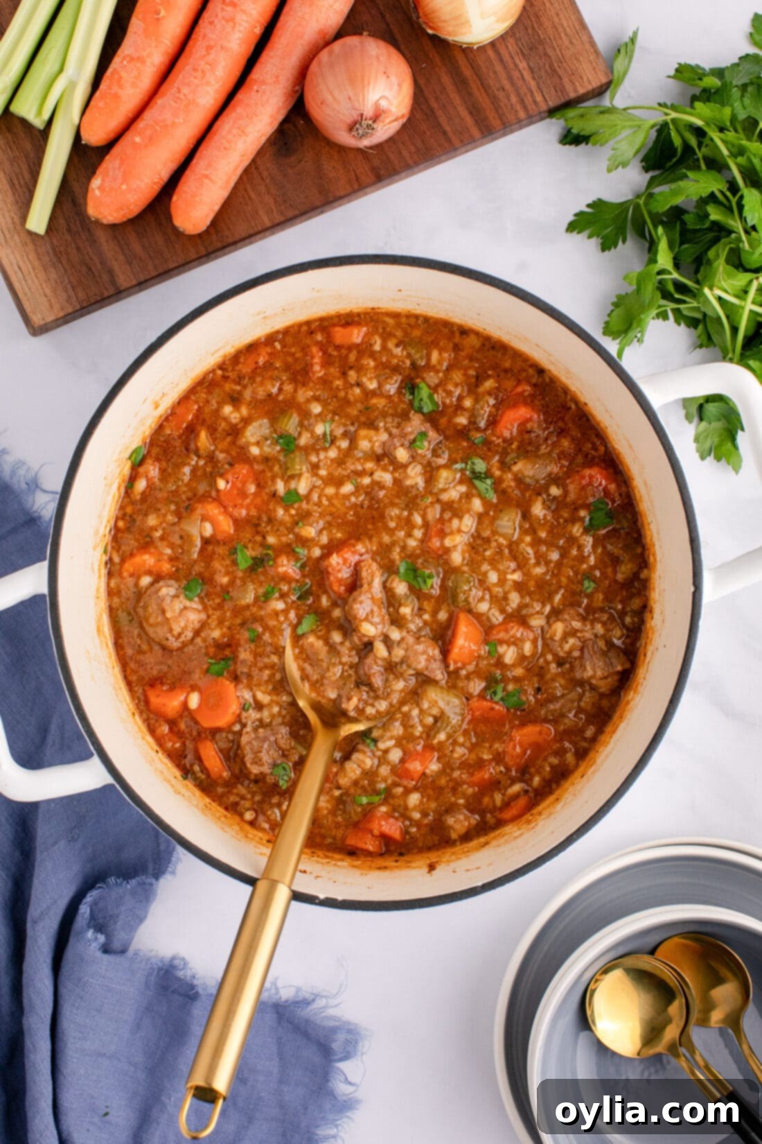 Pot of Beef Barley Soup with a spoon in it