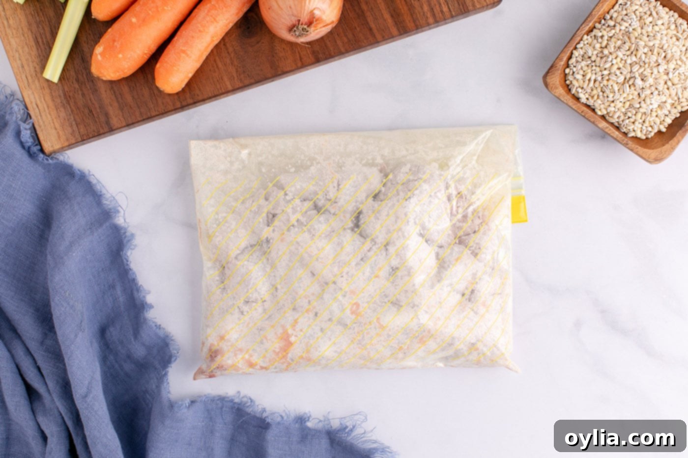 ziploc bag with flour coated beef cubes
