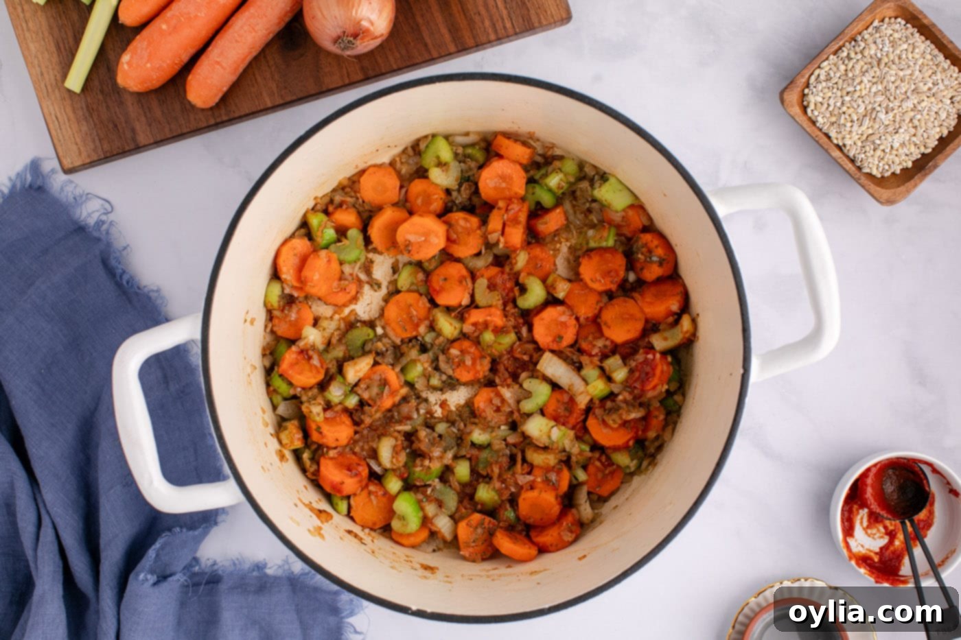 cooked vegetables in a soup pot