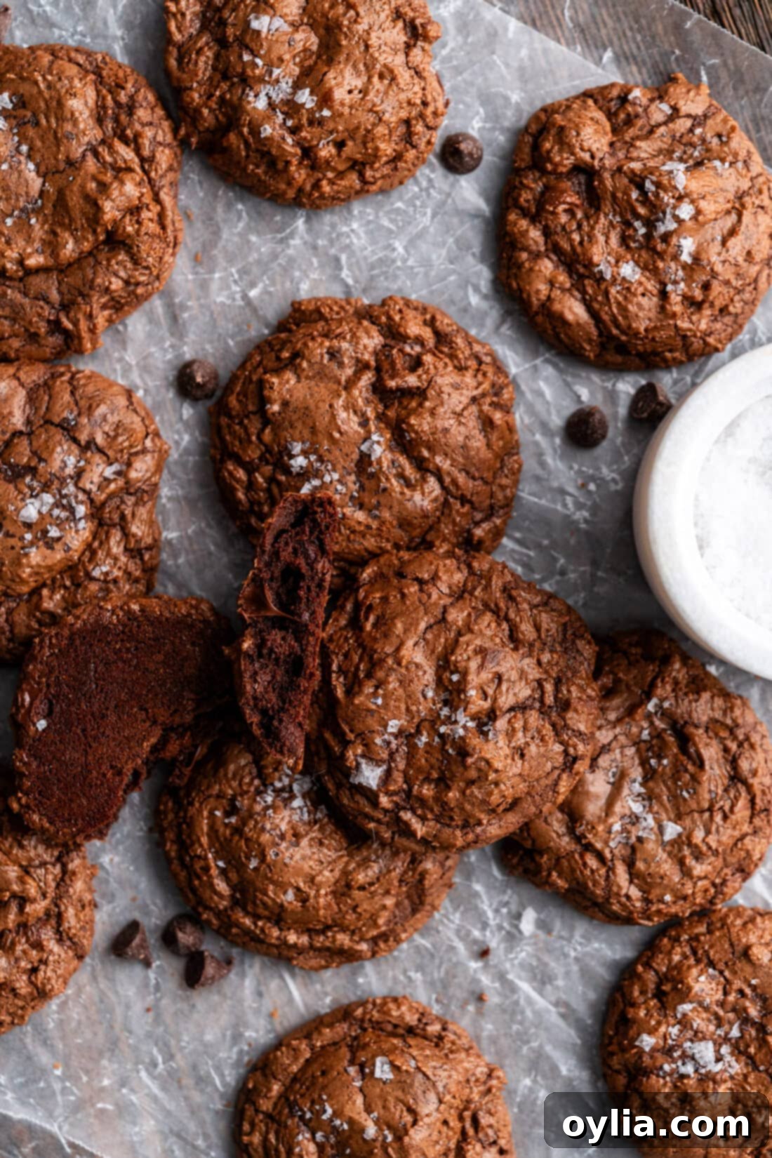 Fudgy Sea Salt Brownie Cookies 2 A Salted Brownie Cookie broken in half resting on more Salted Brownie Cookies, showcasing the fudgy interior and crinkled top with flaky salt.