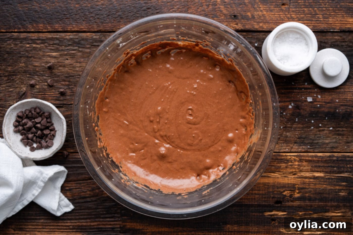 smooth chocolate cookie batter in a bowl
