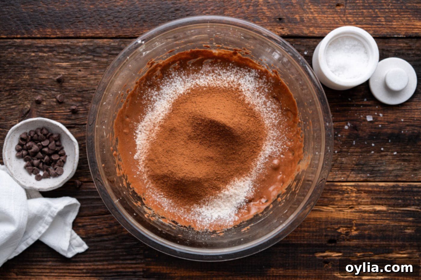 Adding in the flour, salt, baking powder, and cocoa powder to cookie dough