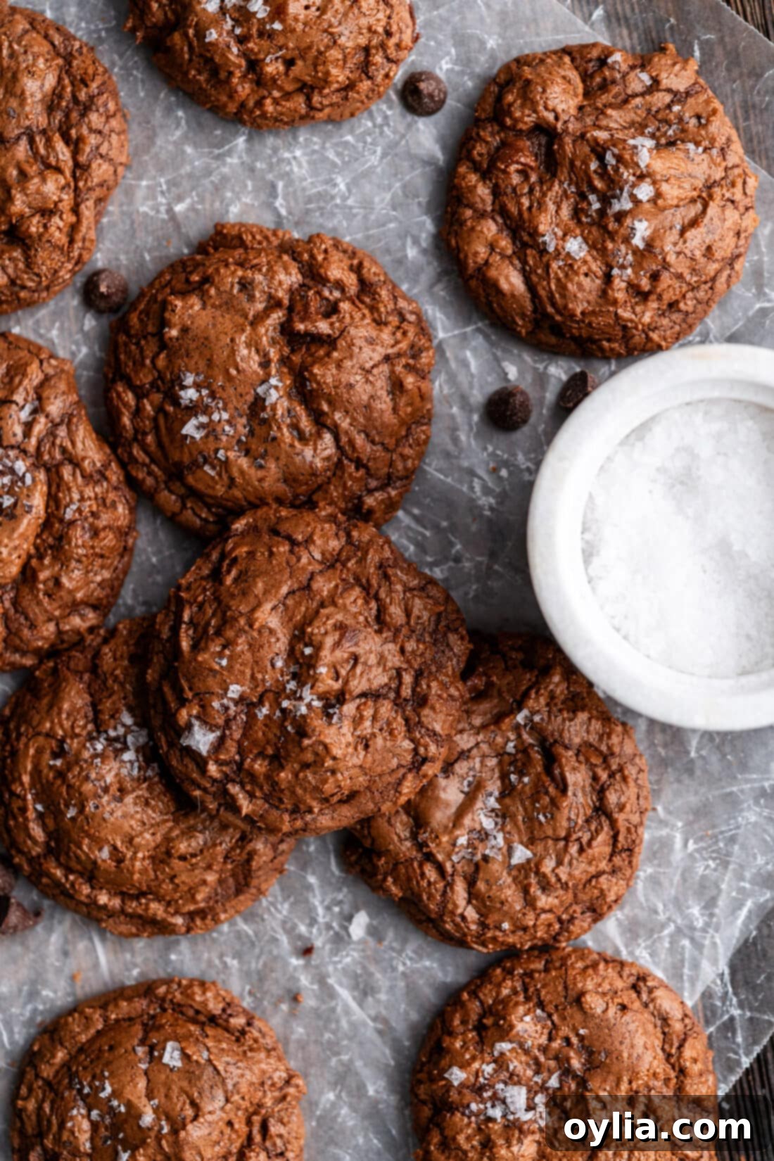 Fudgy Sea Salt Brownie Cookies 18 Salted Brownie Cookies resting on parchment paper, showing their perfectly round shape and glossy tops.