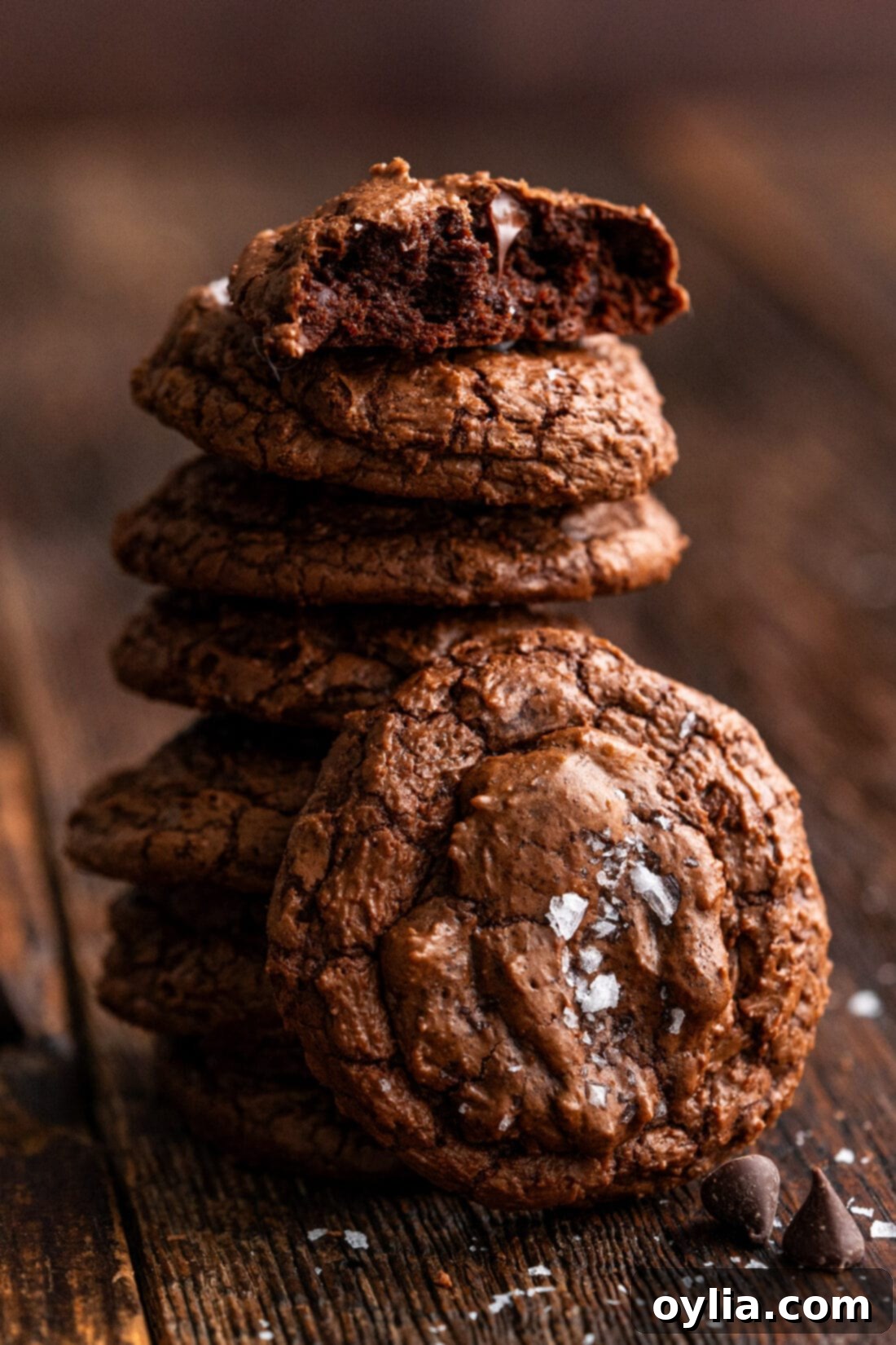 Fudgy Sea Salt Brownie Cookies 3 Stack of Salted Brownie Cookies on a dark background, highlighting their crinkled tops and perfect round shape.
