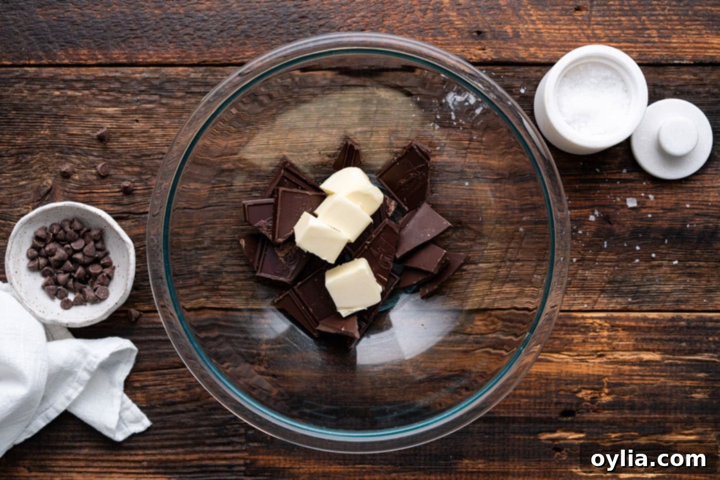 dark chocolate and butter in a bowl, just starting to melt