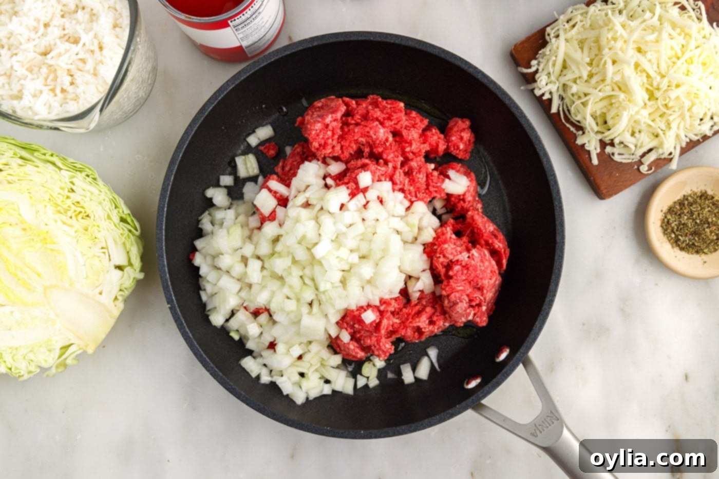 ground beef and onion in a skillet