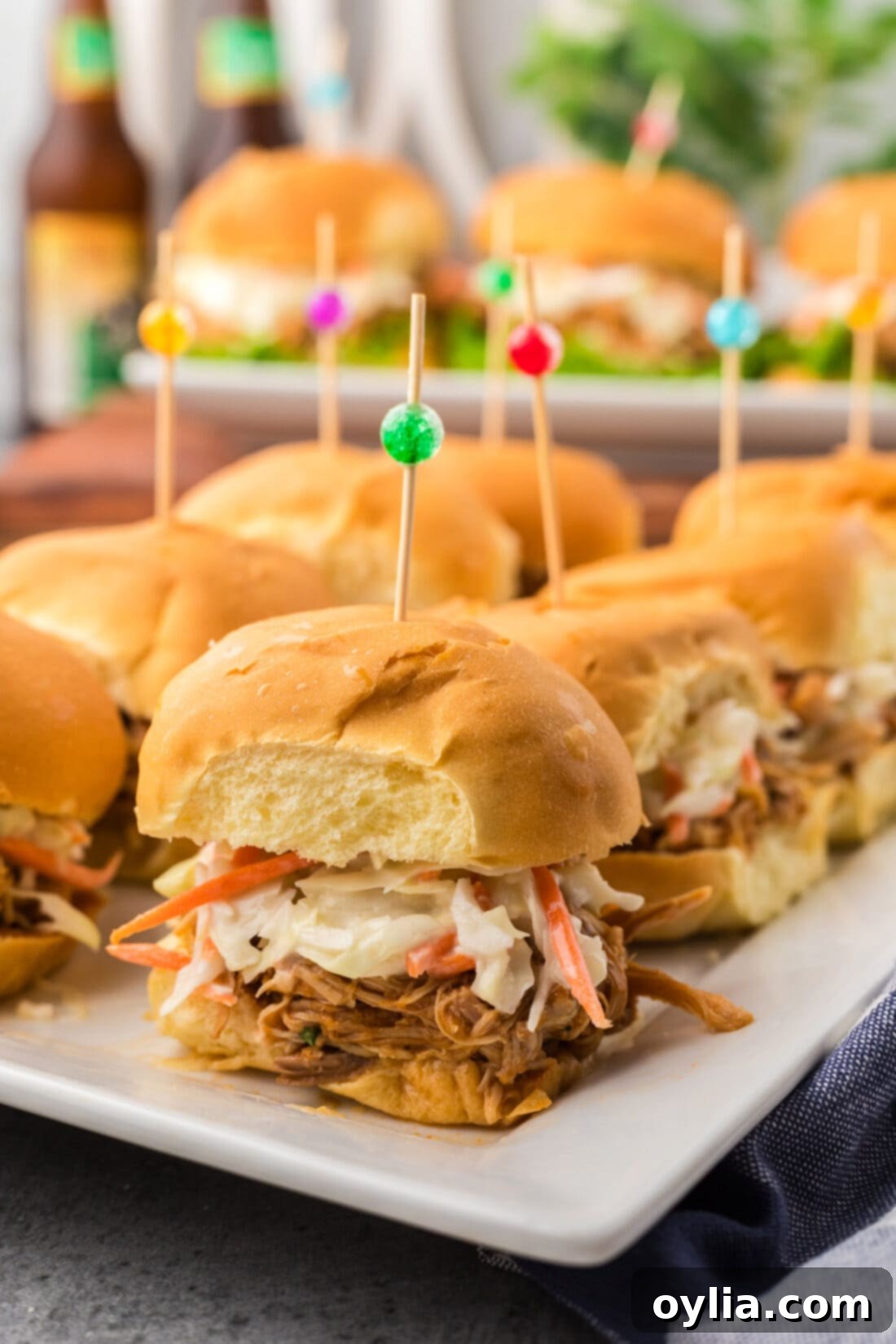 Close up photo of BBQ Chicken Sliders on a platter