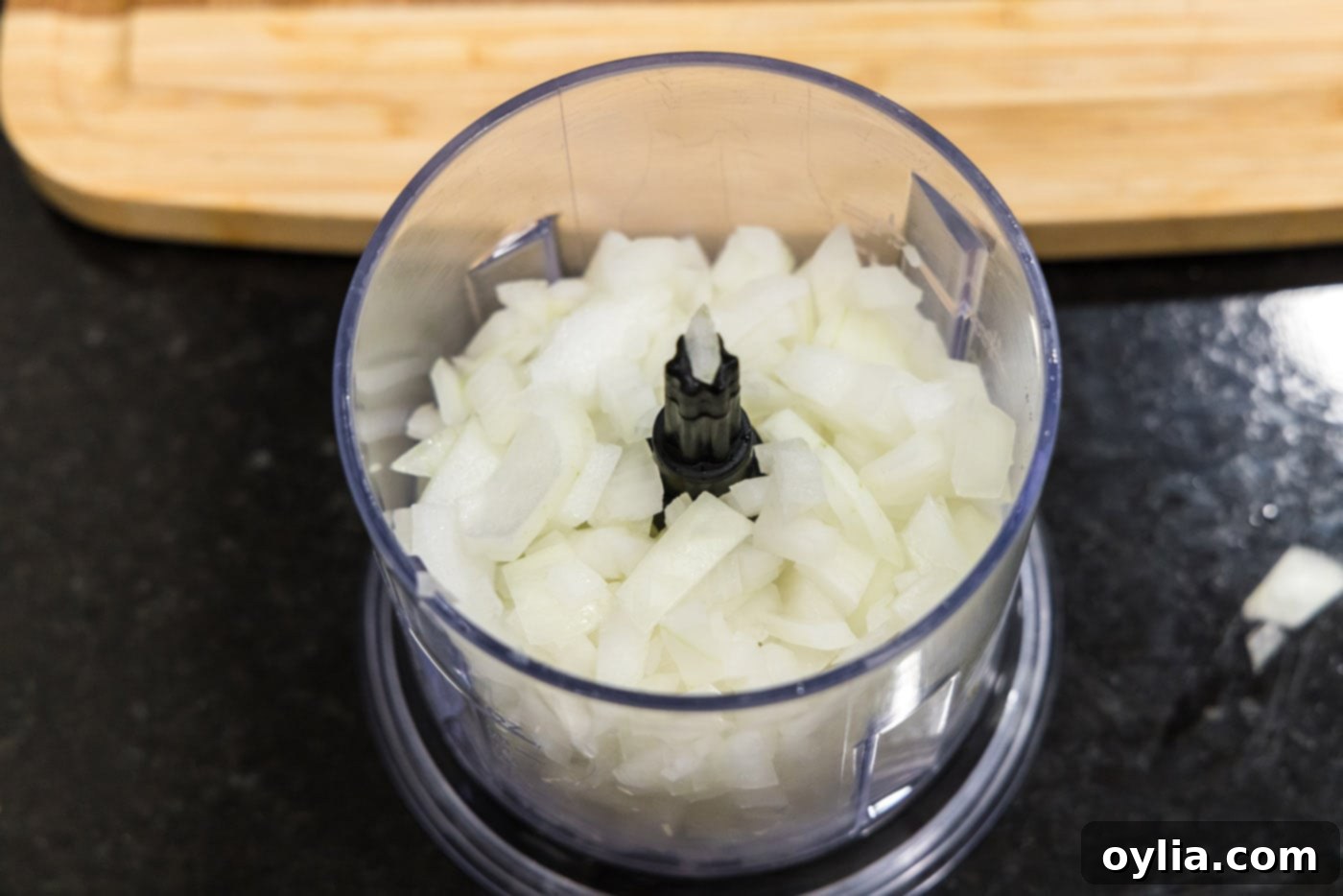 chopped onion in food processor
