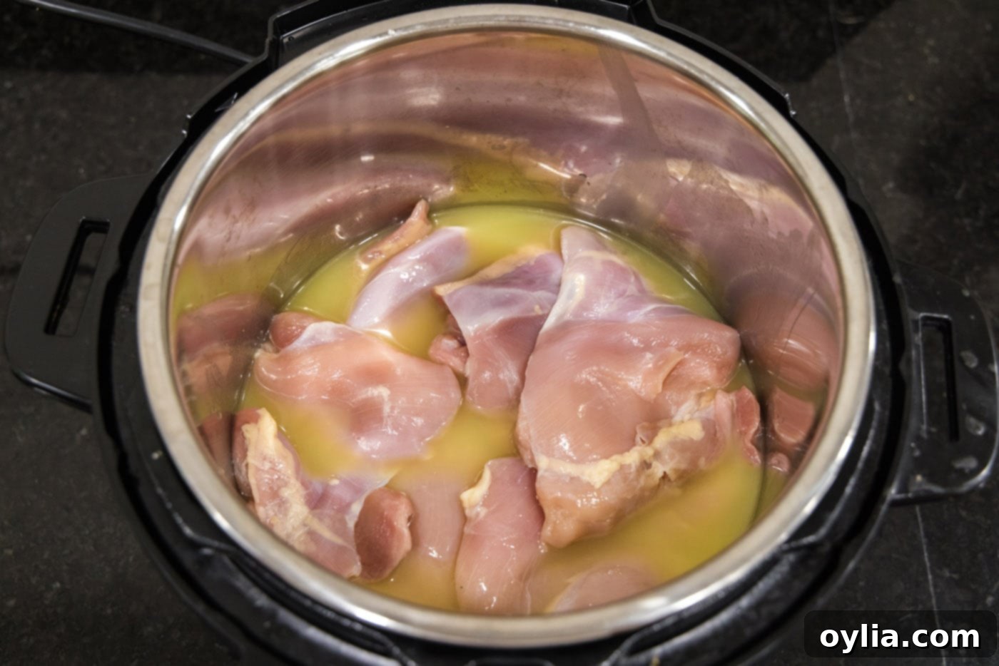 chicken thighs and breasts with chicken stock in an instant pot