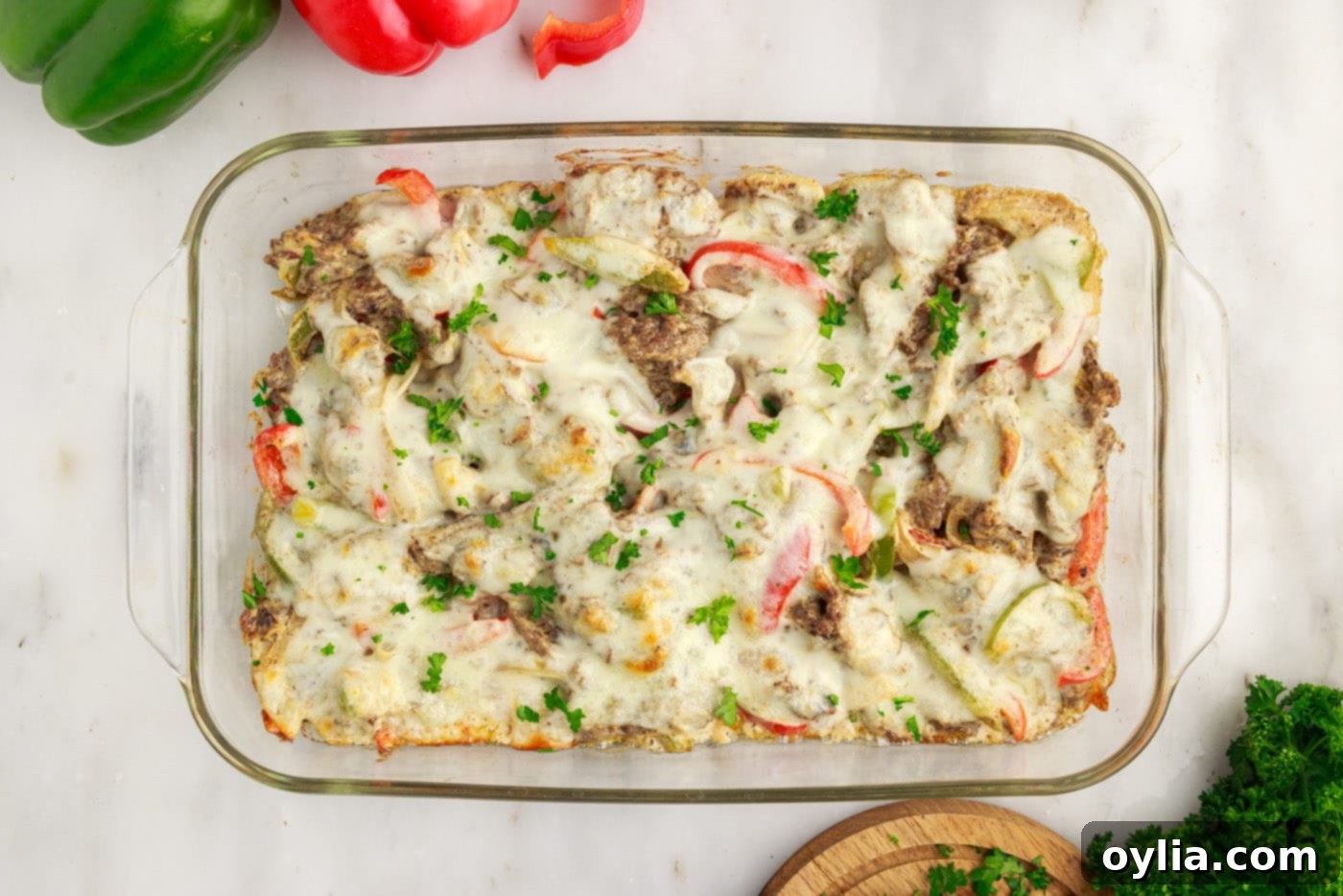 Overhead of easy Philly cheesesteak casserole