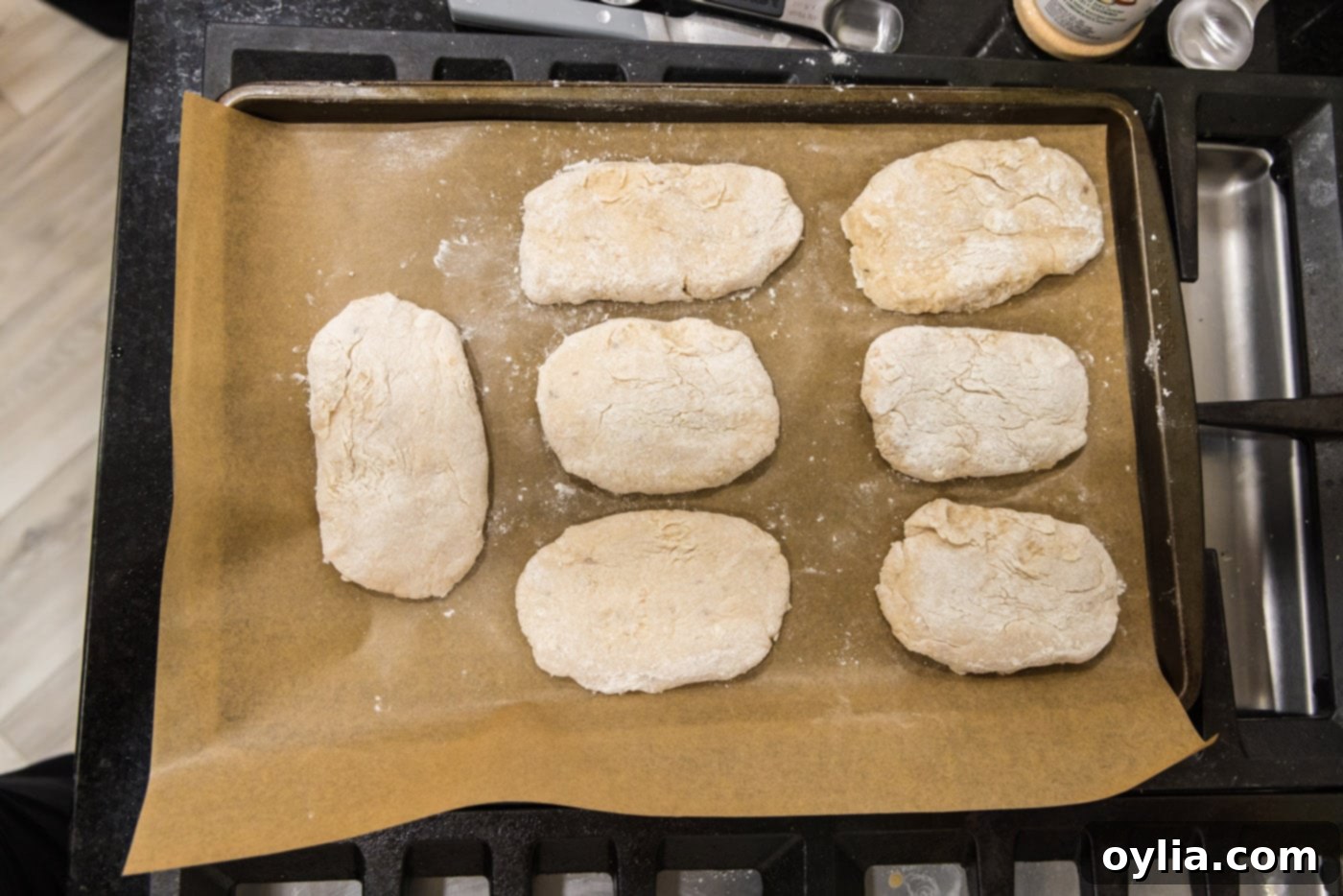 Korean fish cakes on a baking sheet before frying