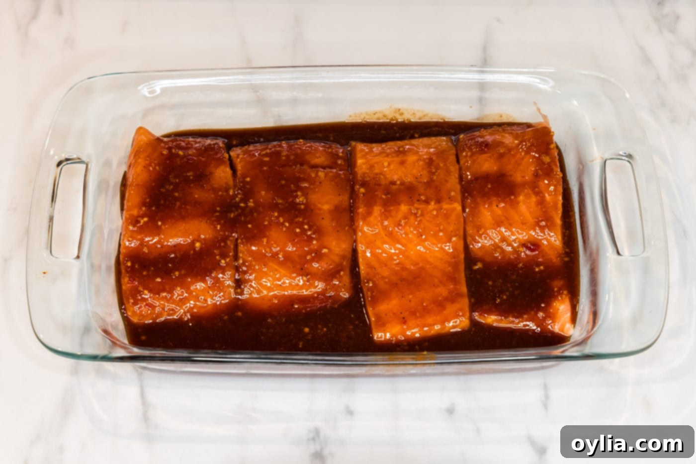salmon filets in a dish with spicy marinade