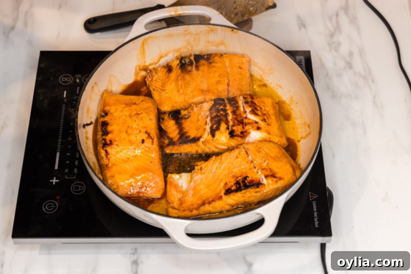 salmon filets in a skillet