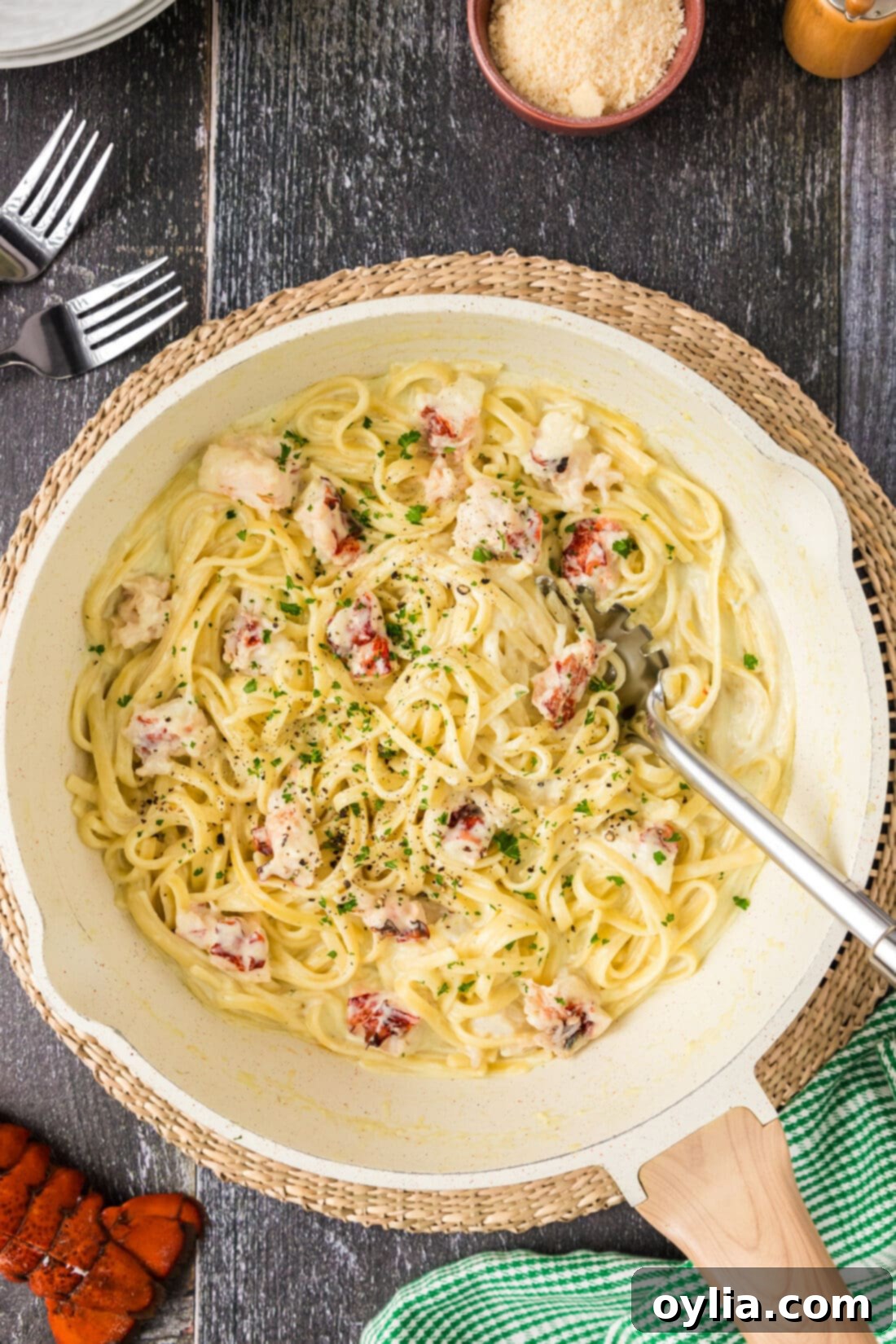 Decadent Lobster Pasta 20 Overhead photo of Lobster Pasta in a skillet
