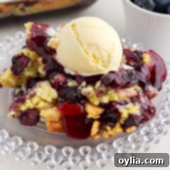 Blueberry Dump Cake on a plate topped with a scoop of ice cream