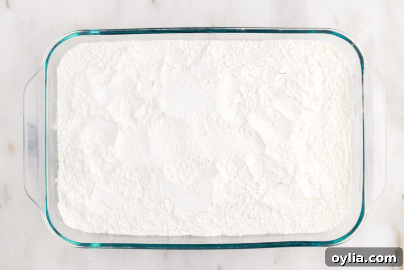 cake mix in a baking dish