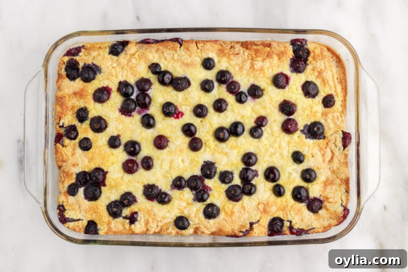 overhead of baked blueberry dump cake